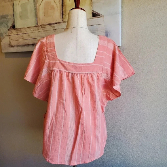 SONOMA | Flutter Shoulder Top in Coral Cream Stripe sz M - Picture 3 of 8